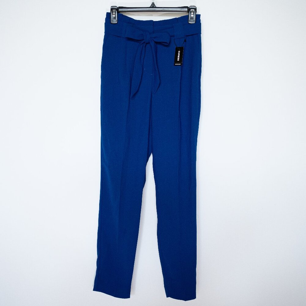 Express Blue Ankle Length Paper Bag Dress Pants Slacks with Removable Tie Belt